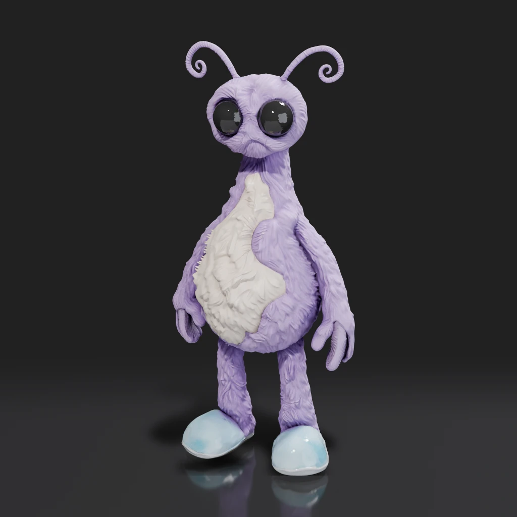 A whimsical, bipedal creature with a plump, pear-shaped body